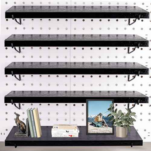 Black Pegboard Shelf, 4 Pack Wooden Pegboard Shelves with Metal Brackets Hooks, Heavy Duty Peg Board Organizer Shelves, Pegboard Accessories Organizer for Crafts Room, Garage, Workbench, Office