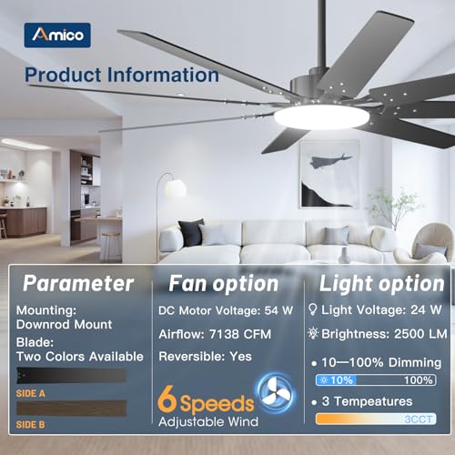 Amico 72-Inch Black Ceiling Fan with Lights and Remote Control