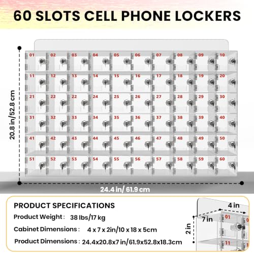 Cell Phone Locker 60 Slots - Clear Acrylic Cabinet with Independent Locks (60 slots)