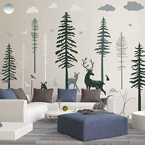 Zonon Wall Decal Forest Deer Wall Stickers Pine Tree Wall Decals Woodland Vinyl Wall Decor Sticker Decoration Bedroom Living Room Decor (15.7 x 35.4 Inch)