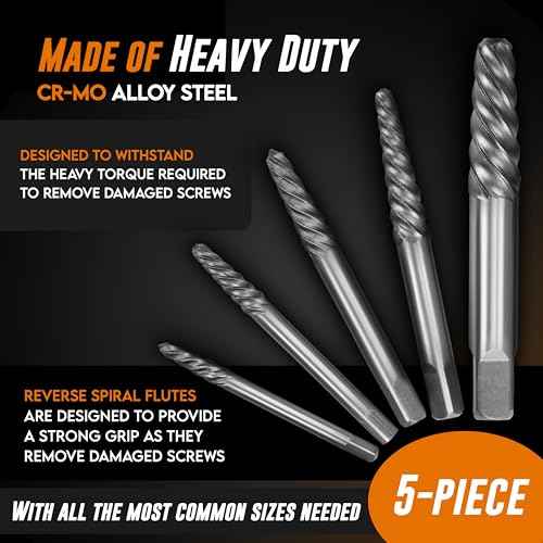 Mutt Tools 5pc Screw Extractor Set - Easy Out Bolt Extractor Kit with Cr-Mo Alloy Steel - Spiral Screw Extractor for Stripped, Broken and Damaged Screws - Professional Bolt Remover Tool