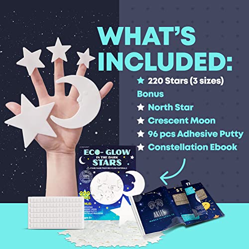 LUMOSX 220 pcs Glow in the Dark Ceiling Stars with Moon & North Star, Reusable Putty