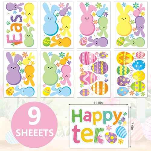 Happy Easter Wall Stickers Bunny Rabbit Egg Daisy Wall Decals Room Mural Stickers for Spring Party Home Nursery Decor, 7.9 x 11.8 Inch, 9 Sheets