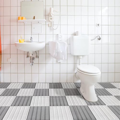 12 Pcs 12"x12" Interlocking Shower Floor Tiles, Non-Slip Drainage Pool Mat with Hole, Rubber Modular Vented Splicing Cushion for Bathroom Deck Patio Balcony Kitchen Garage Shed Indoor, 2 Color