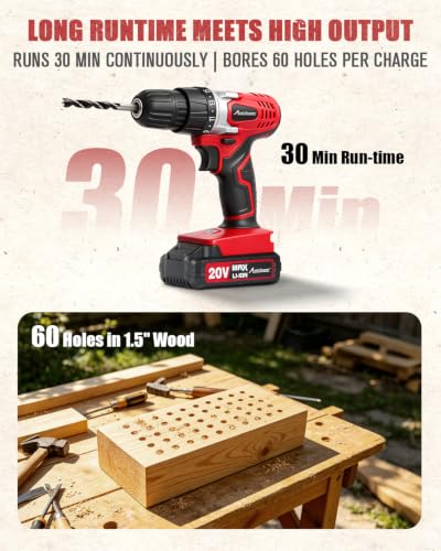 AVID POWER 20V Cordless Drill Set Red - Lightweight Home DIY Power Tool with 22 Bits, Variable Speed, Keyless Chuck