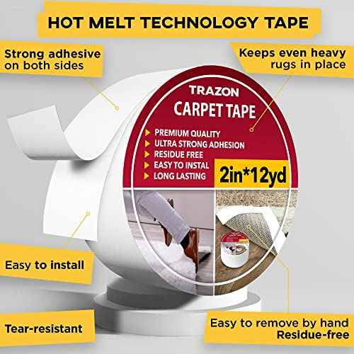 Carpet Tape Double Sided - Rug Tape Grippers for Hardwood Floors and Area Rugs - Carpet Binding Tape Strong Adhesive and Removable, Heavy Duty Stickers Grip Tape, Residue Free (2 Inch / 12 Yards)