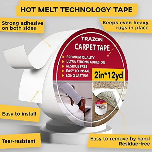 Trazon Double Sided Carpet Tape 2 Inch / 12 Yards Heavy Duty Rug Gripper for Hardwood Floors & Rugs
