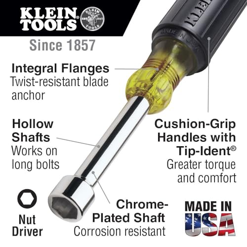 Klein Tools 646-11/32 11/32-Inch Hex Nut Driver, Made in USA, 6-Inch Hollow Shaft and Cushion Grip Handle