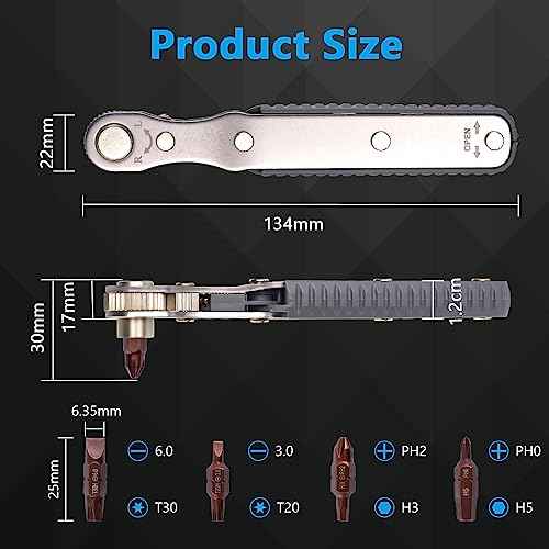 OSDUE 5 Pcs Mini Ratchet Wrench Set, 1/4 Inch Drive, High Torque Offset Reversible Screwdriver, with Phillips, Slotted, Hex, Torx for Tight Spaces