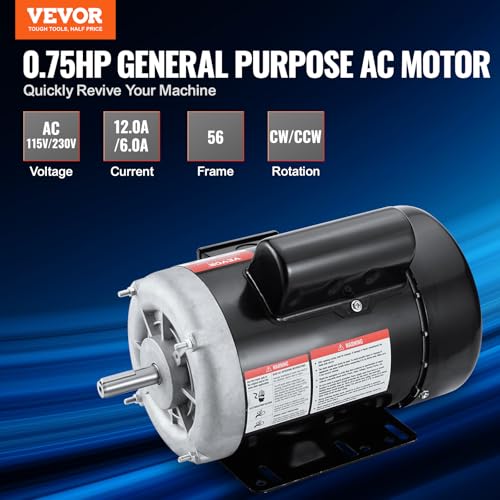 VEVOR 3/4HP Single Phase Electric Motor 1725 RPM 56 Frame, Reversible AC Compressor Motor