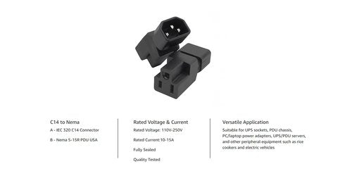C14 to NEMA 5-15R Adapter 2 Pack, IEC320 C14 Male to NEMA 5-15R Female Power Plug Converter for PDU, UPS, Server, 10A 125V