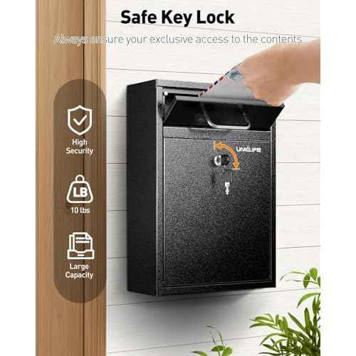 Uniclife Wall Mount Mailbox for Outside, Heavy Duty Locking Mailboxes, Large Mailbox with Key Lock, Security Mail Box, Safe Key Drop Box, Post Box, Steel Cash Drop Box for Home Office School, Black