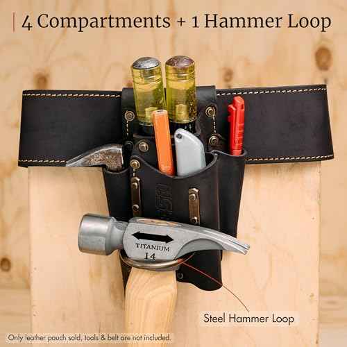 FESA Small Leather Tool Pouch - 5-in-1 Heavy Top Grain Leather Small Tool Pouch with a Steel Hammer Loop, 4 Pockets & Reinforced Heavy Duty Rivets - Fits Belts up to 3" - Handcrafted