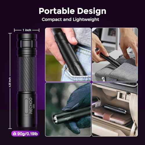 RECHOO Black Light UV Flashlight, 395nm Blacklight Rechargeable Flashlights UV Light, Portable Mini Black Light for Pet Urine Detection, Bed Bug, Dry Stains, Resin Curing, Scorpions Finder