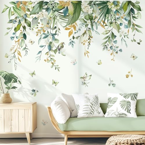 wondever Hanging Green Tropical Leaves Wall Stickers Palm Leaf Flower Plants Peel and Stick Wall Art Decals for Bedroom Living Room Sofa