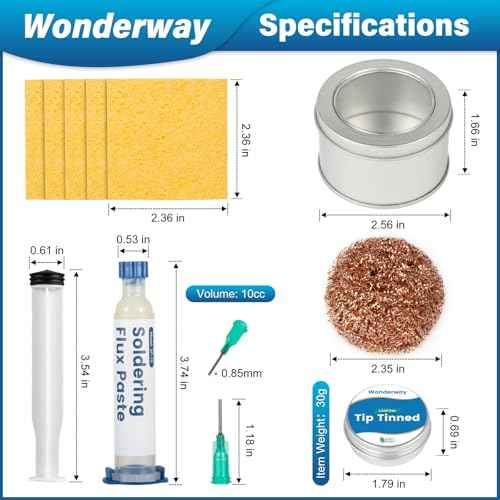 Tip Cleaning Kit, Solder Wick, 0.6mm Solder Wire, Solder Iron Tip, Brass Cleaning Wire, Soldering Tip Cleaner, Cleaning Sponge & Solder Flux, Supplied By Wonderway (SWK-002)
