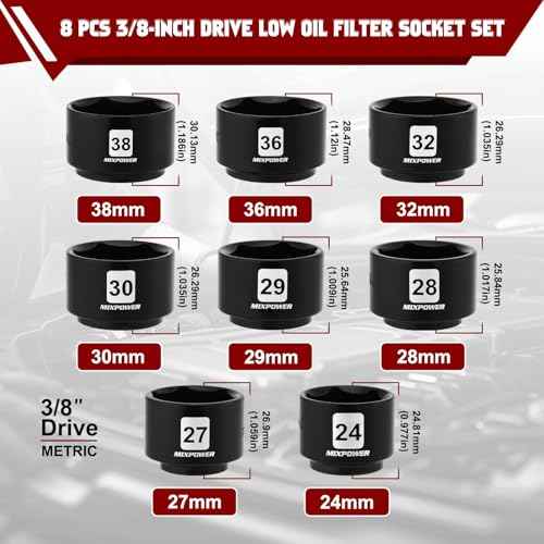 MIXPOWER 8 Pieces 3/8" Drive Low Profile Oil Filter Socket Set, 24mm, 27mm, 28mm, 29mm, 30mm, 32mm, 36mm, 38mm, Oil Filter Cap Remover and Installer Tool Set