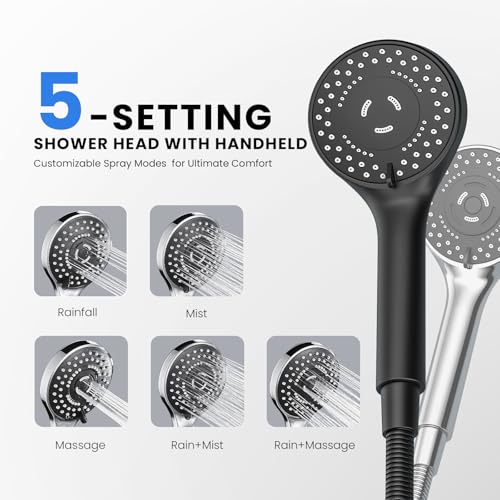SeaCity Matte Black Rain Shower Head with Handheld & 5 Spray Modes - Wide Coverage Dual Shower System
