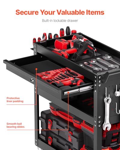 VEVOR 4-Tier Rolling Tool Cart with Lockable Drawer, 350 lbs Capacity, 32.7 x 13.8 x 32.5 in