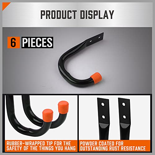 HORUSDY 6-Pack Heavy Duty Metal Wall Hooks 4.72x3.5in Black Garage Organizer