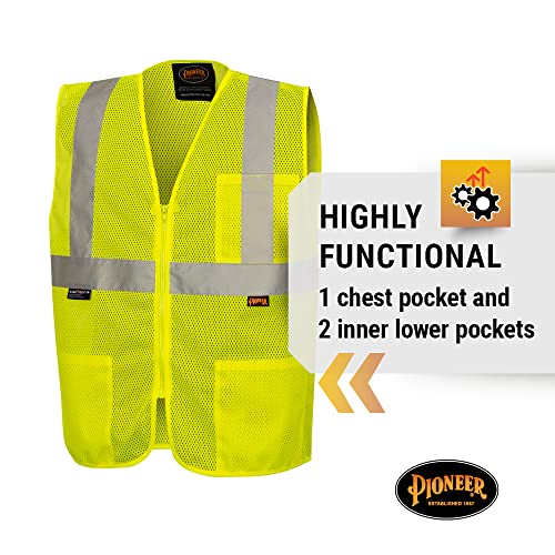 Pioneer Hi Vis Self-Extinguishing FR Safety Vest for Men & Women - Flame Resistant Mesh with Reflective Tape - Class 2