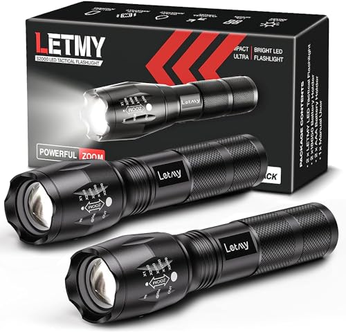 LETMY Black 2 Pack Tactical LED Flashlights - High Lumens Waterproof 5 Modes