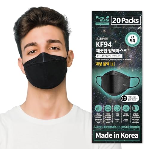 PUREMATE [20 Packs Made in Korea KF94 Face Mask White Black Individual Wrapped Filter Efficiency ¡Ã 94% (Large (Pack of 20), Black)