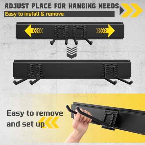 64" Garage Tool Organizer Wall Mount, 720lbs Garden Tool Organizer with 10 Adjustable Hooks, Heavy Duty Garage Tool Storage Rack for Yard, Shed (4 Racks, 10 Hooks, 3 Straps)