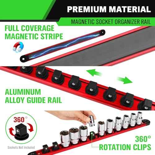 1/2-Inch Magnetic Socket Organizer Rail, Aluminum Alloy Socket Rail, Heavy Duty Sockets Holder with 12 Clips, 360¡Æ Swivel Clip Tool Tray, Sockets Organizer for Tool Box Drawer (Red)
