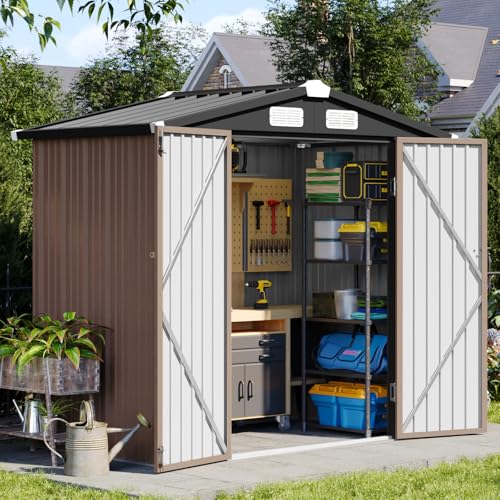 Aoxun 6x4 FT Outdoor Storage Shed - Brown Garden Metal Storage Building