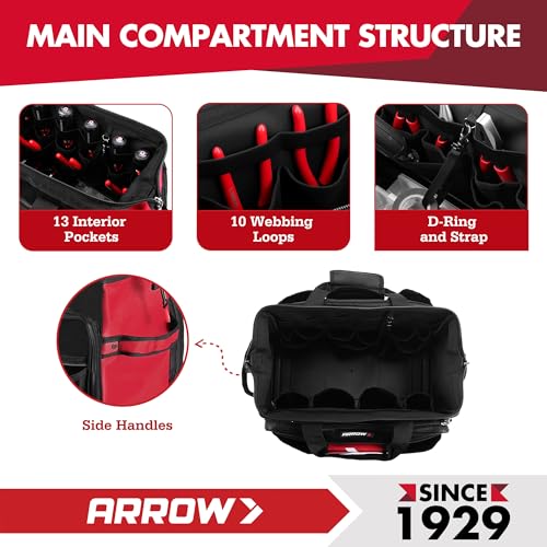 ARROW 17" Large Tool Bag with 36 Multipurpose Pockets, Tool Bags for Men Heavy Duty with Waterproof Hard Base, Reflective Band, Wide Open Mouth Toolbag for Electrician Mechanic Plumber HVAC