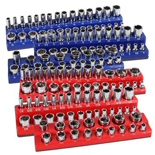 6PCS Magnetic Socket Organizer Set, SAE & Metric Magnetic Socket Holder, 1/4"", 3/8"", 1/2"" Magnetic Socket Trays, 141 Pieces Deep & Shallow Sockets Organizer., Blue&red, HIP-010