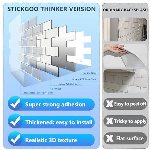 STICKGOO Peel and Stick Subway Tile Backsplash 12x12 Inches, Thicker Design, 10 Sheets, Warm White with Grey Grout, Self-Adhesive Wall Tiles