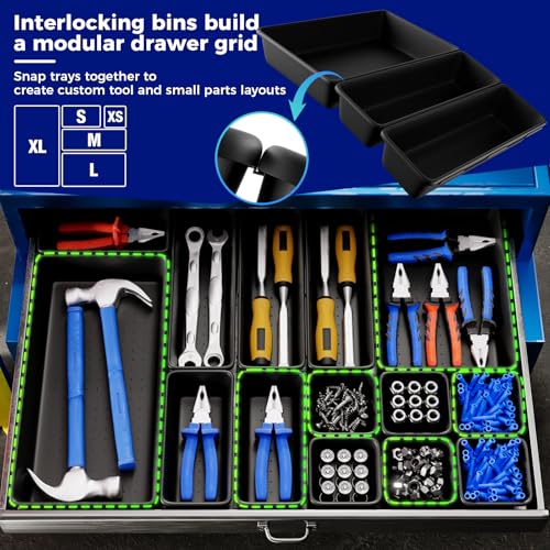 ALIKZO 70PCS Tool Box Organizer Tray Set 5 Sizes with EVA Non Slip Pads (Black) – Interlocking Drawer Bins