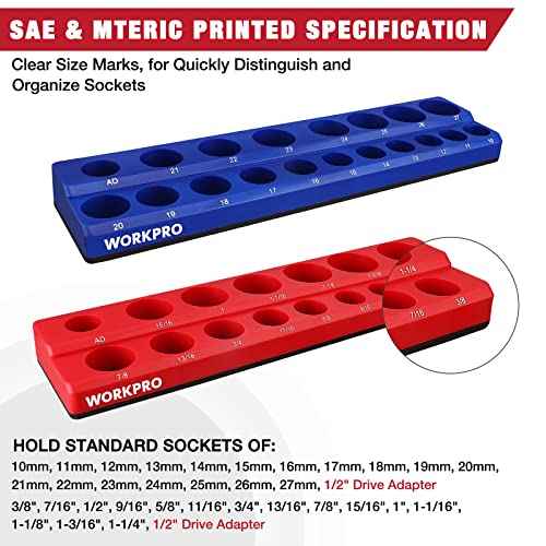 WORKPRO 1/2-inch Magnetic Socket Organizer Set, 2-Piece SAE & Metric Magnetic Socket Holders, Holds 35 Standard Sockets for Tool Box, Tool Carts (Sockets Not Included)