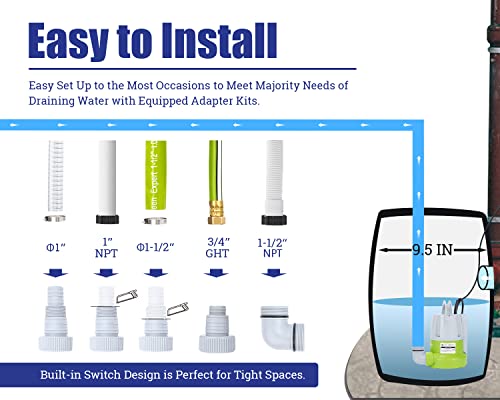Green Expert 1/3HP Submersible Sump Pump with Water Sensor Switch - Single Pump, Automatic & Manual Drain for Basement Garage Hot Tub