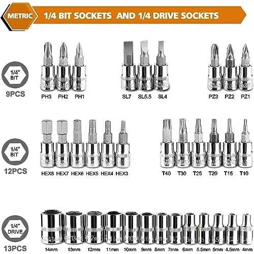 Egofine 46 Pieces 1/4 inch Drive Socket Ratchet Wrench Set, with Bit Socket Set Metric and Extension Bar for Auto Repairing and Household, with Storage Case