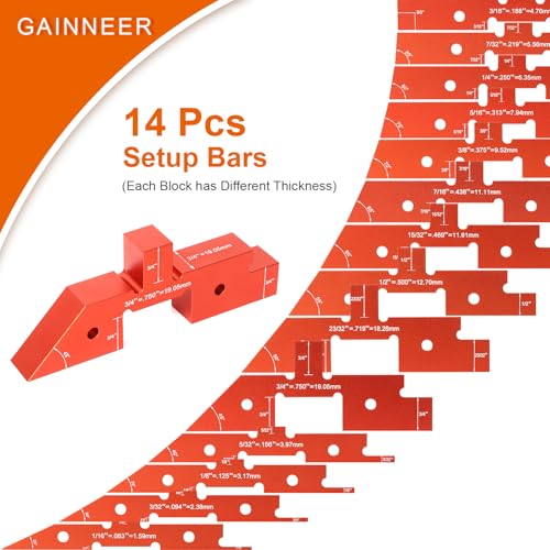 Gainneer 14 Pcs Router Table Setup Bars – Aluminum Height, Depth & Angle Gauges with 8 Angle Blocks