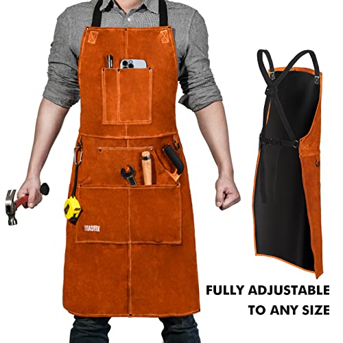 LeaSeek Leather Welding Apron - Flame and Heat Resistant Bib Apron with 6 Pockets