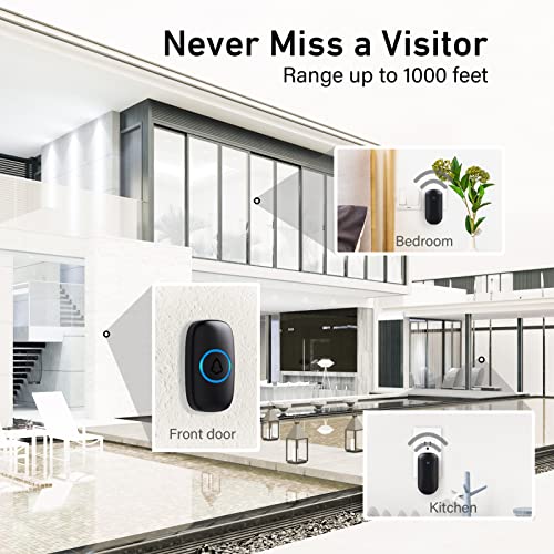 SECRUI Wireless Doorbell Kit with 2 Receivers & Waterproof Push Button, 1000ft Range, 52 Chimes, 110dB, Black (2 Receivers, 1 Button)