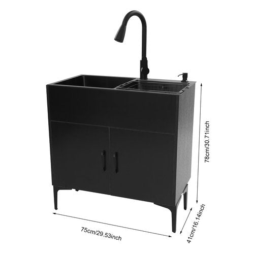 Laundry Sink w/Cabinet &Pull-Out Faucet, Kitchen Sink Cabinet w/Draining Basket, Stainless Steel Double Bowl Utility Sinks, Wash Station Tub for Kitchen Laundry Room(29.5''L*16.1''W*30.7''H) (Black)