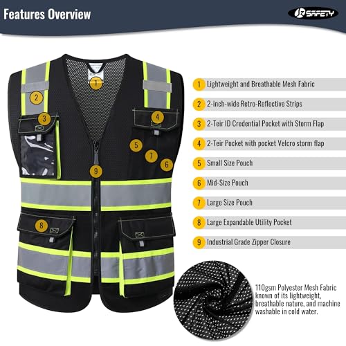JKSafety Hi Vis Reflective Safety Vest Large Black for Men and Women JK220