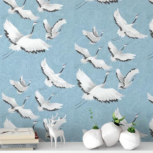 Peel and Stick Wallpaper for Home Decoration Kitchen White Crane Blue Wallpaper Removable Vinyl Self Adhesive Shelf Paper & Drawer Liner Roll House, Workshop & Office 17.3" x 79" TH8096-2