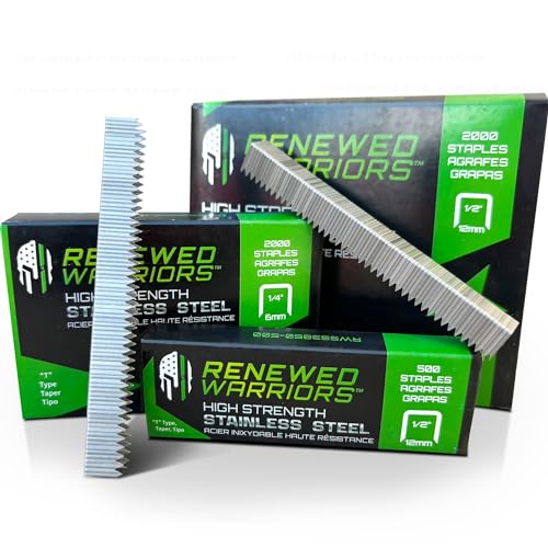 Renewed Warriors T50 Stainless Steel Staples 1/2 Inch Leg, 3/8 Inch Crown, 500 Pack - Marine-Grade, Heavy Duty, Bayonet Tip