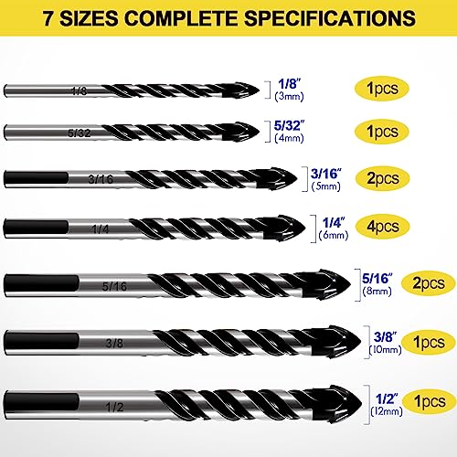 DYRECELVE 12-Piece Masonry Drill Bit Set and Concrete Drill Bits - Includes 7 Sizes