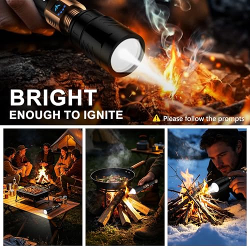 SKYFIRE SF1097 Rechargeable LED Flashlight with Ignition Lens - 5000 Lumens, Waterproof, Zoomable, 6 Modes, Tactical Camping Light (Black & Gold Lens)