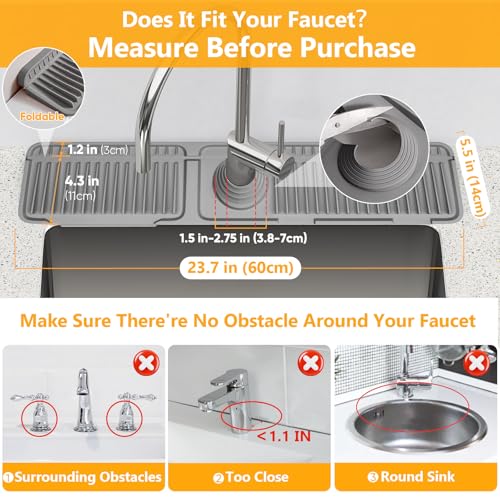 Snoquir 24'' Gray Faucet Splash Guard Mat for Kitchen Sink Water Splash Prevention