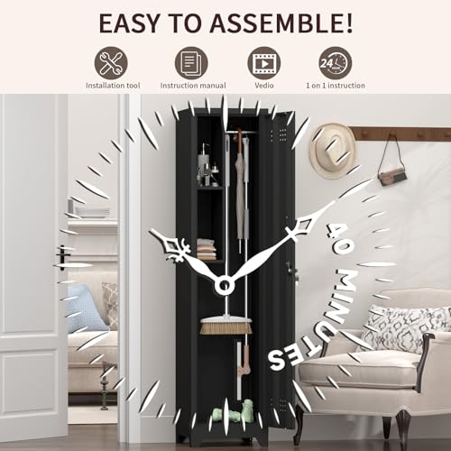 FATIGOS Slim Broom Closet Cabinet, Black Metal Storage Cabinet 65x15.8x15.8 with Lock, S-Hooks