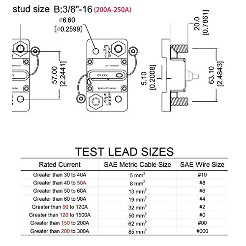 T Tocas 200 Amp Marine Circuit Breaker with Manual Reset - UL, Waterproof, 3/8"-16 Studs, Model: 200.0A