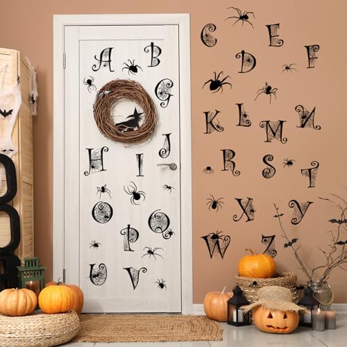 Black Alphabet Spider Web Wall Sticker Halloween Spider Wall Decals Peel and Stick Alphabet Letters for Wall Halloween Decoration for School Home Office Party Supplies Decor